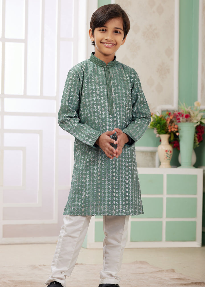 Ocean Green Silk Mens Kurta Set With Thread Embroidery Work