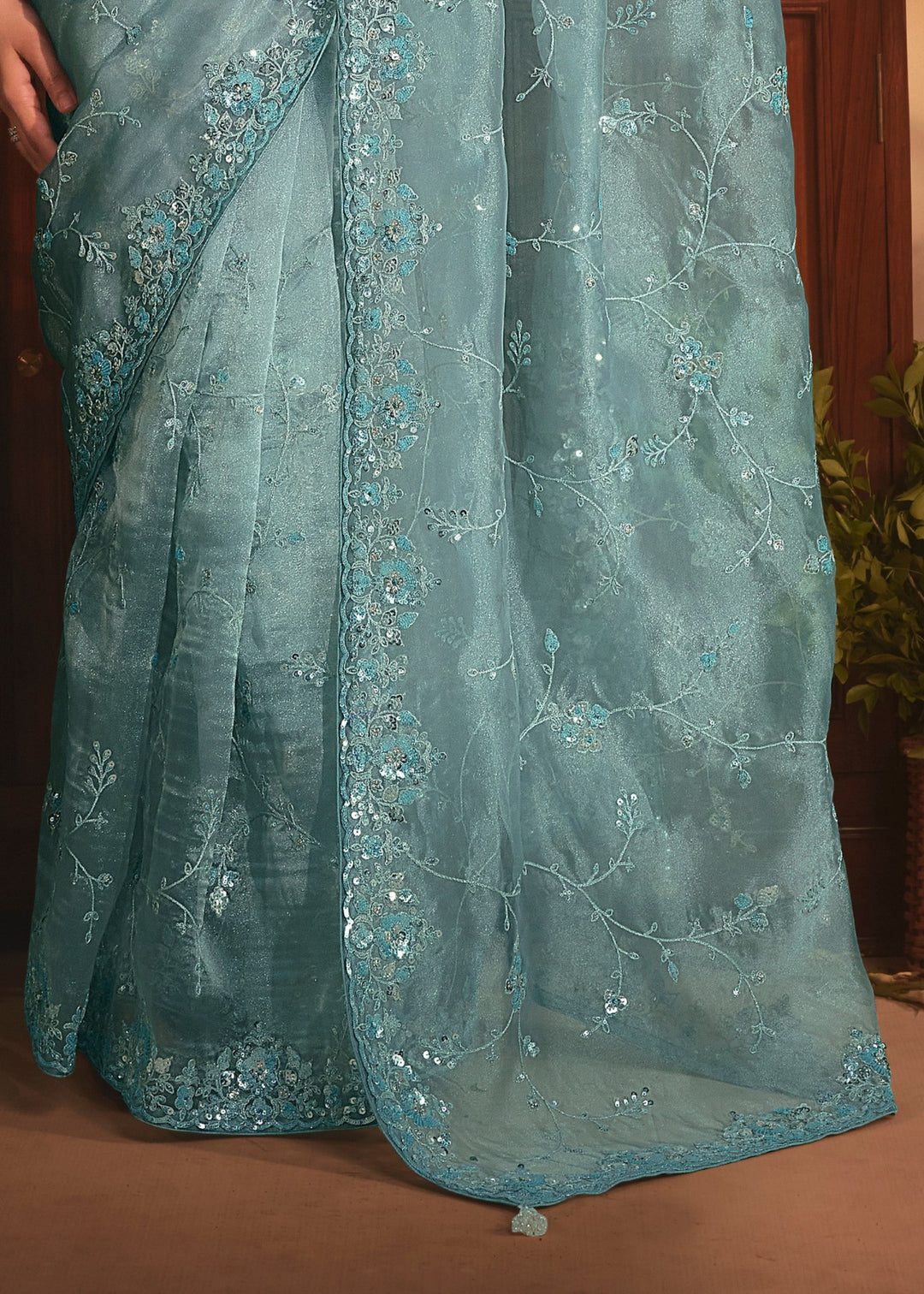 Aqua Blue Tissue Organza Saree With Heavy Embroidery