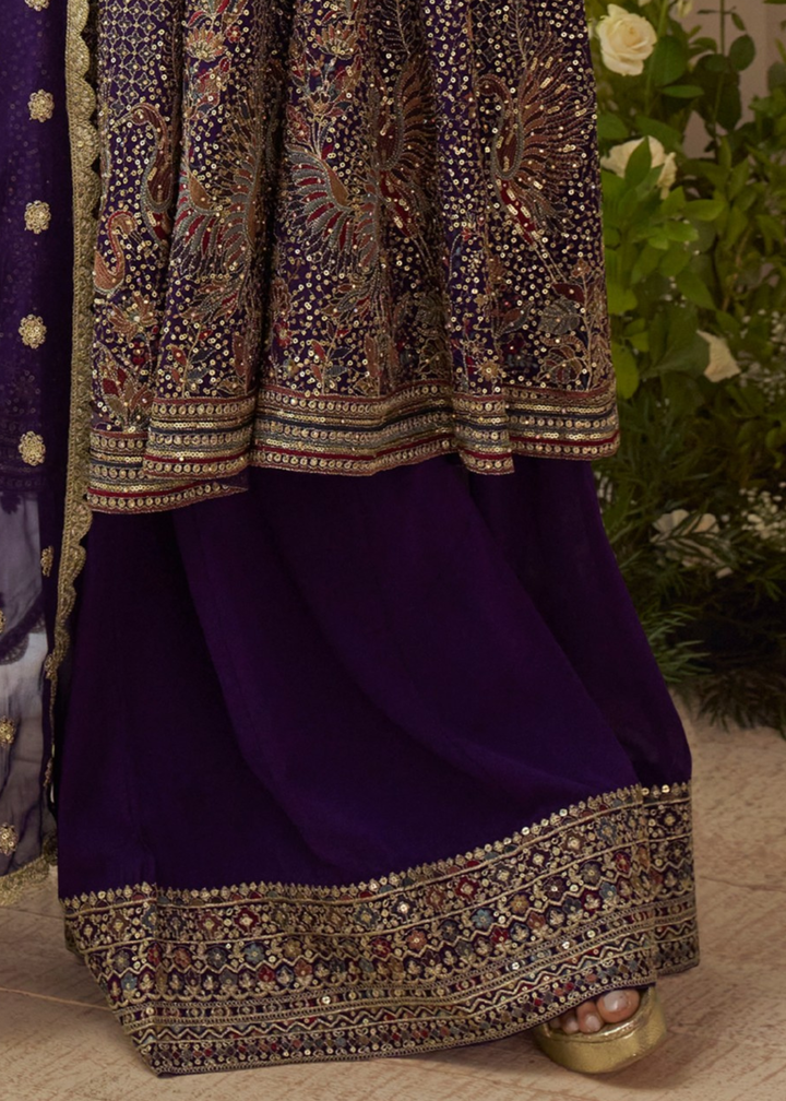 Purple With Gold Embroidery Georgette Palazzo Suit