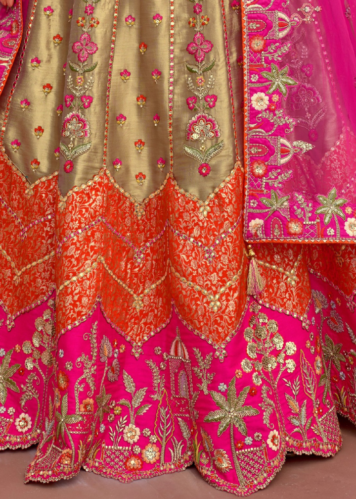 Rani Pink And Olive Green Silk Lehenga With Cut Work Border And Embroidery