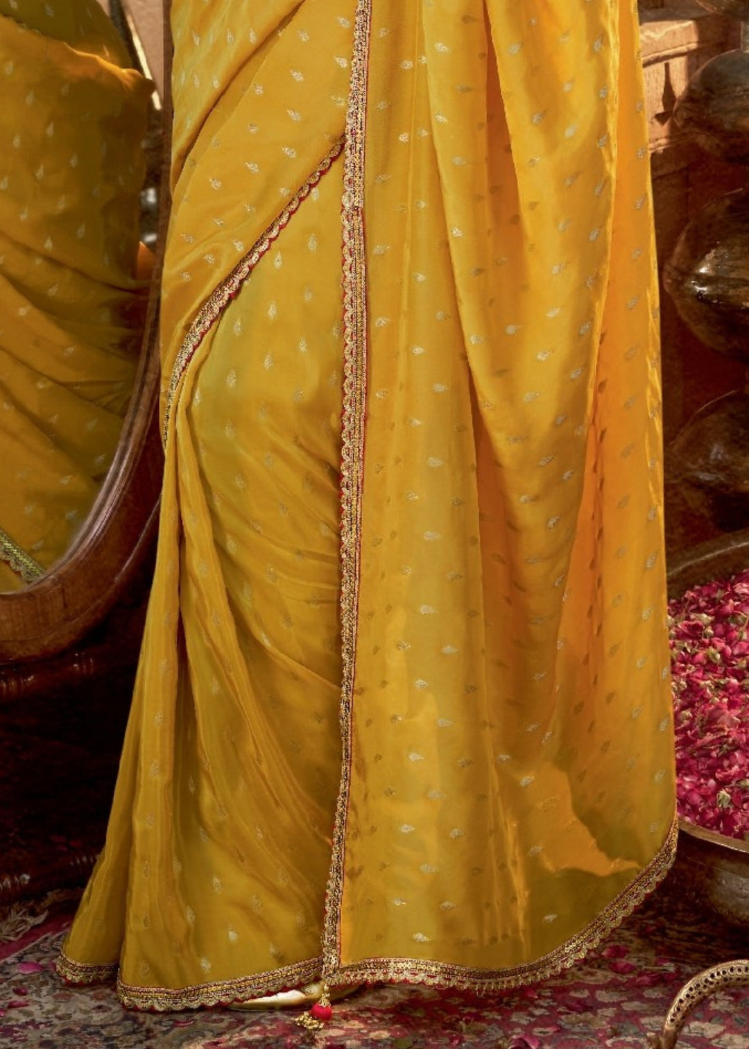 Yellow Pure Viscous Crepe based fabric with Hand dying & Butti weaving Saree