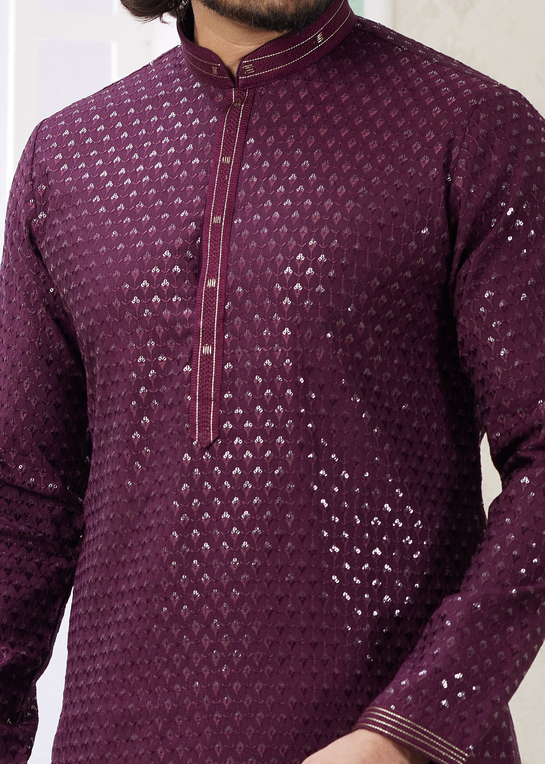 Wine Purple Silk Mens Kurta Set With Thread Embroidery Work