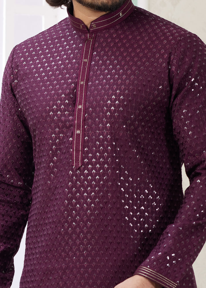 Wine Purple Silk Mens Kurta Set With Thread Embroidery Work