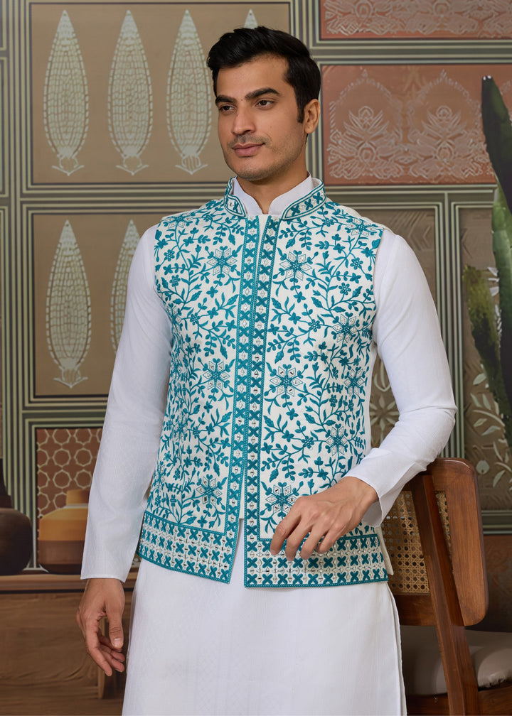 White Kurta And Pant With Powdered Blue Embroidered Nehru Jacket