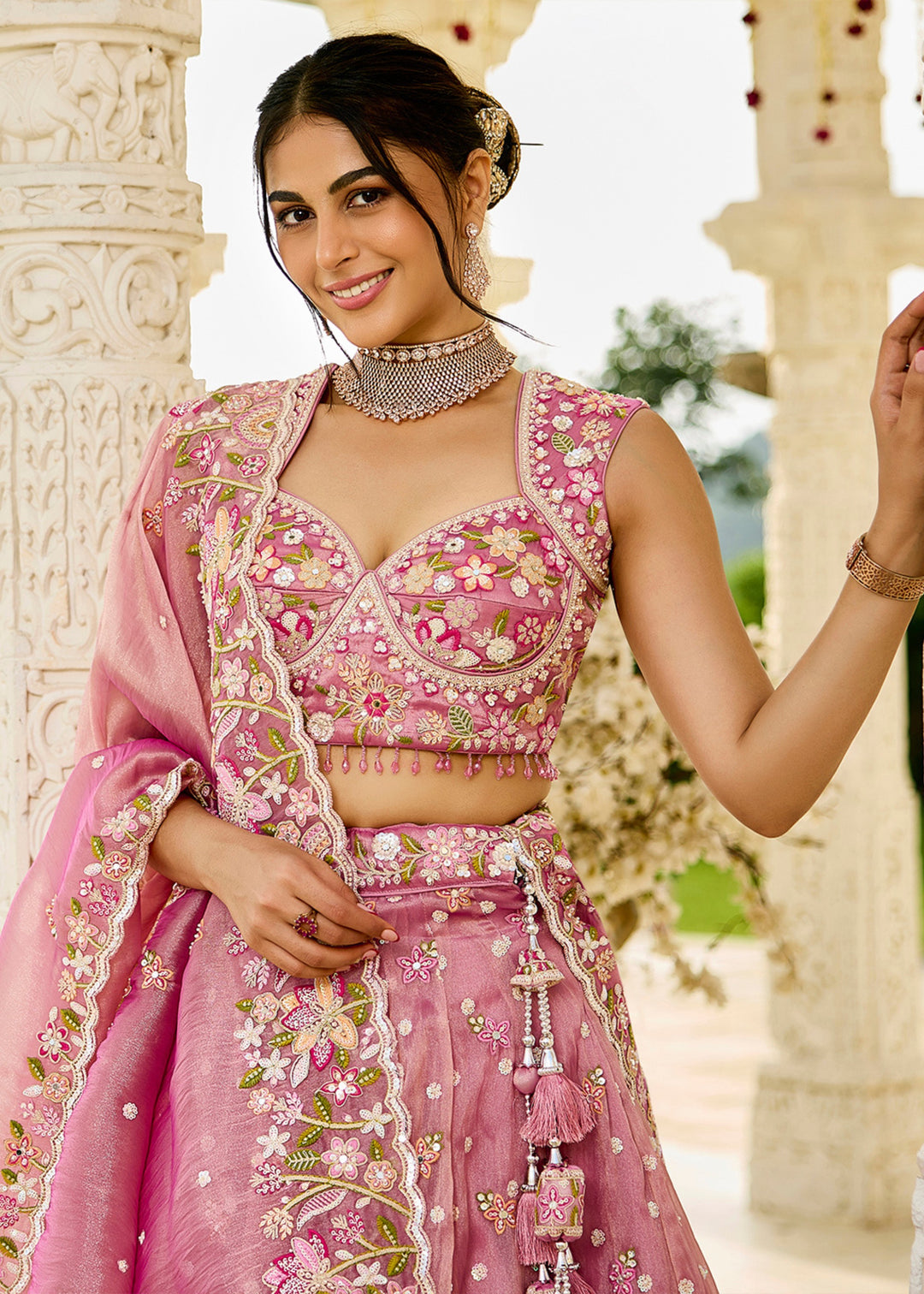 Pink Organza Lehenga Choli with Beads & Sequince Embroidered