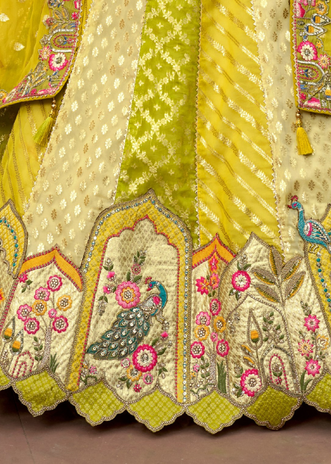 Lime Yellow And Green Silk Lehenga With Cut Work Border And Embroidery
