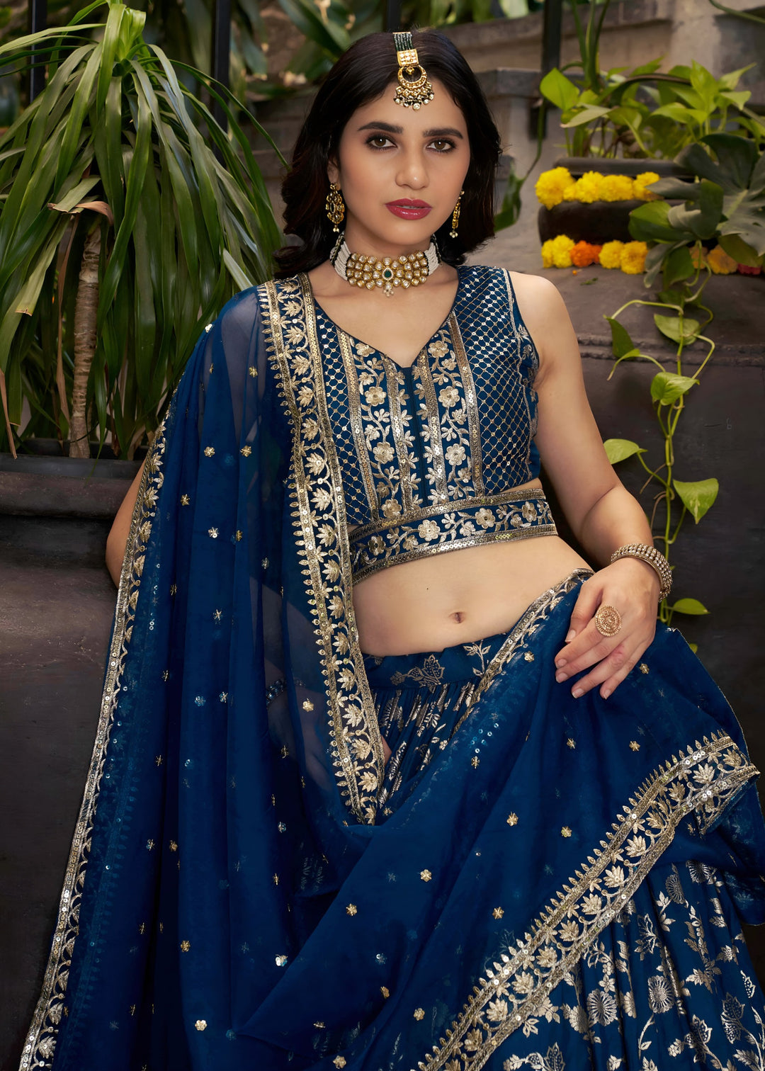 Dove Blue Sequins and Zari Embroidery Work Silk Lehenga