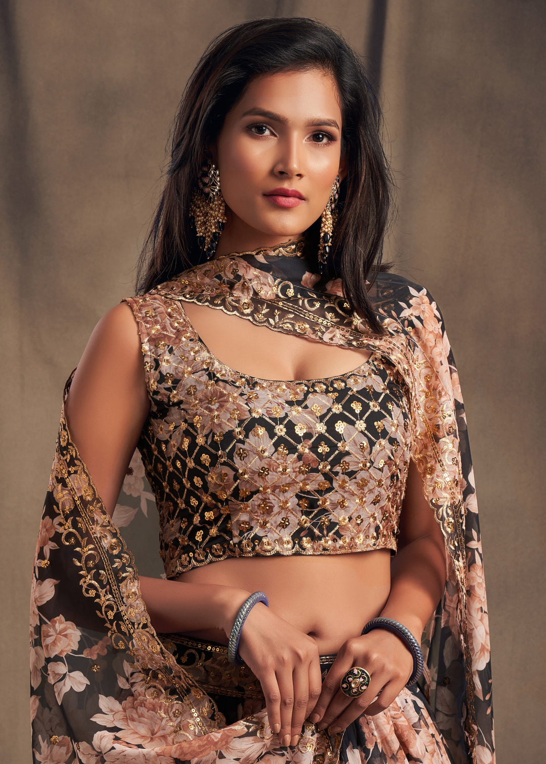 Black Organza Lehenga Sequins Zari Embroidery Work