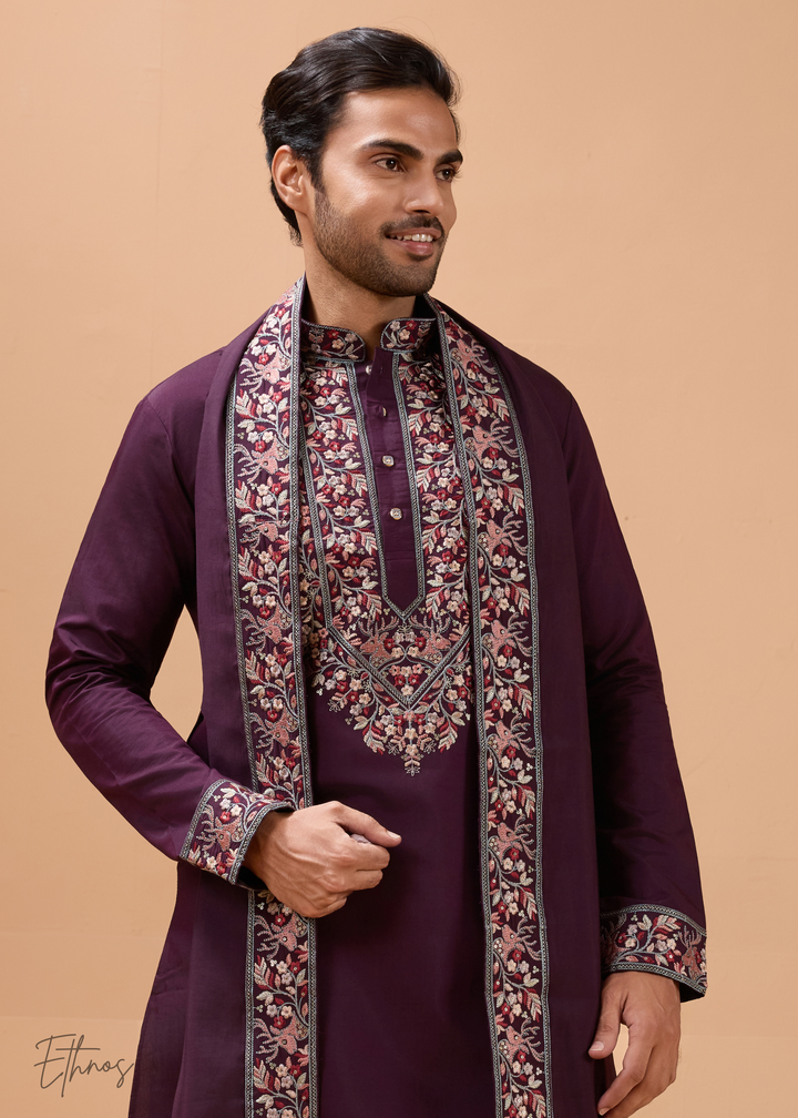 Purple Mens Wear Silk Kurta With Pant And Dupatta