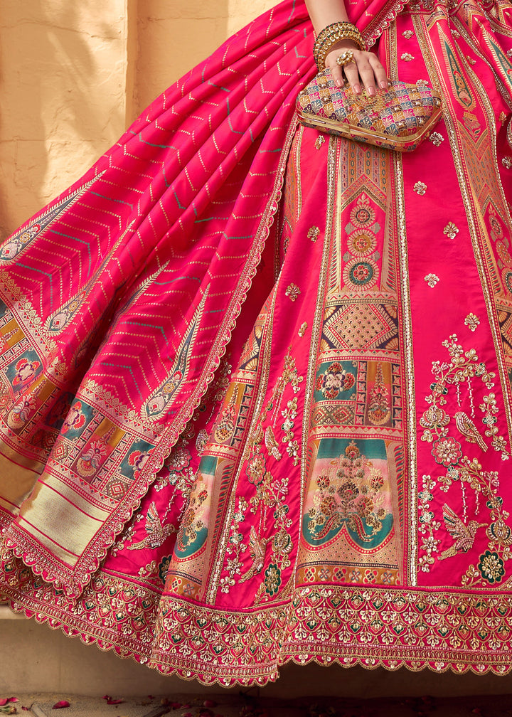 Neon Pink Banarasi Silk Lehenga Choli With Zarkan And Cut Work