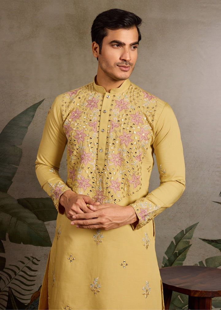 Canary Yellow Mens Wear Silk Kurta with Pant