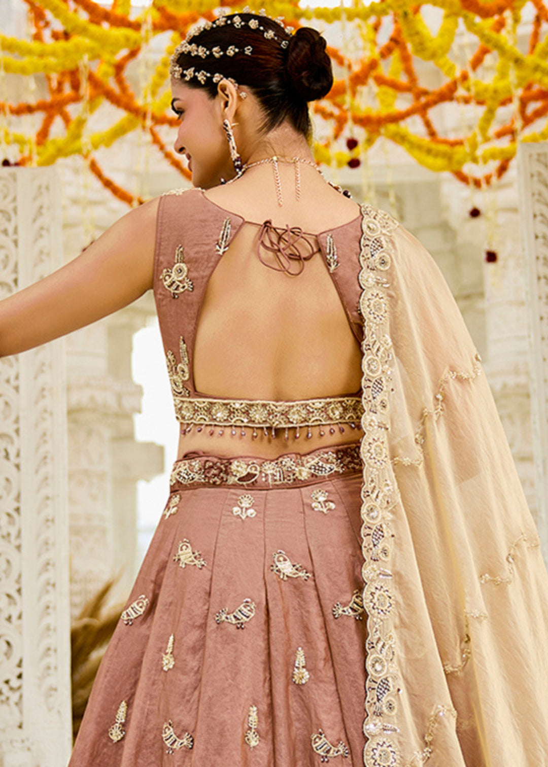 Beige Tissue Lehenga Choli with Beads & Sequince Embroidered