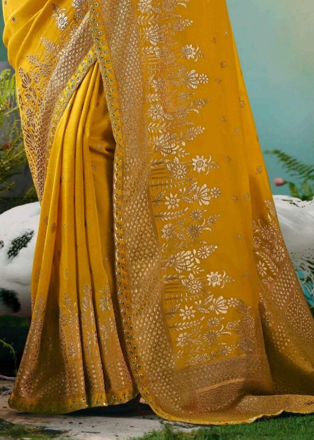Golden Yellow Pure Viscose Dola Silk Saree with Zari Weaving & Embroidered Blouse