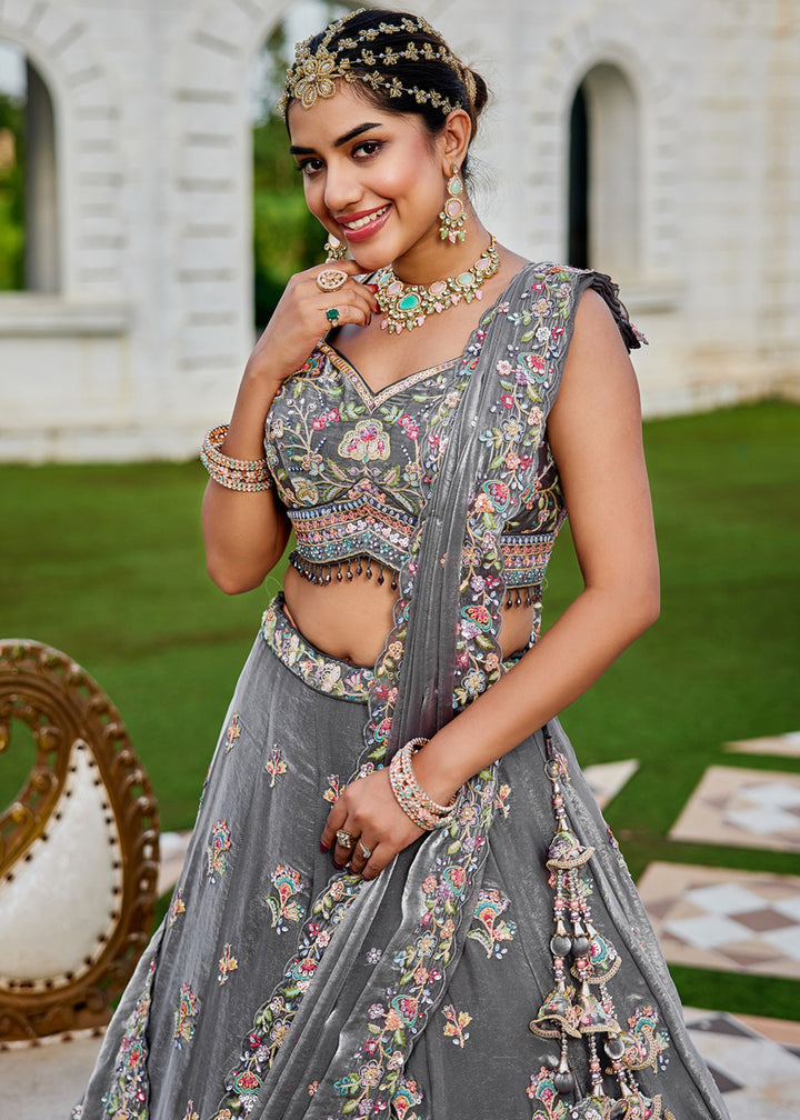Grey Tissue Lehenga Choli with Sequinned Embroidered
