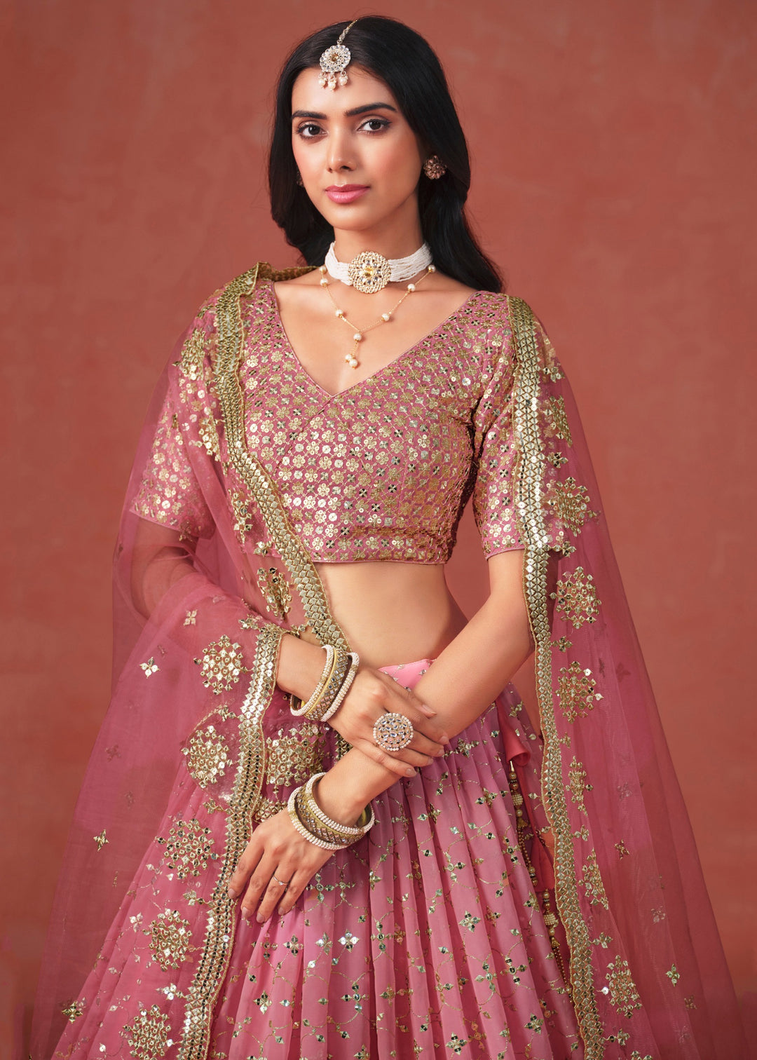 Peach Sequins Zari Embroidered Work Georgette Lehenga