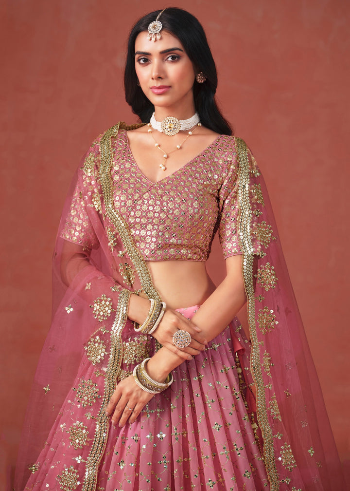 Peach Sequins Zari Embroidered Work Georgette Lehenga