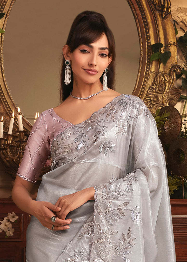 Soft Grey Tissue Organza Saree With Heavy Embroidery