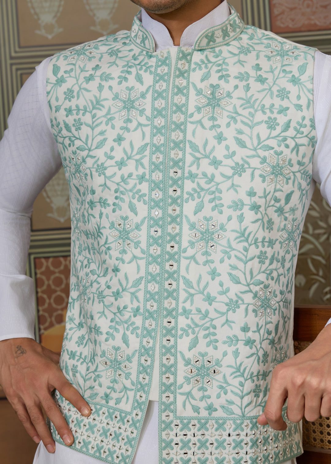 White Kurta And Pant With Soft Pastel Mint Green And White Embroidered Nehru Jacket