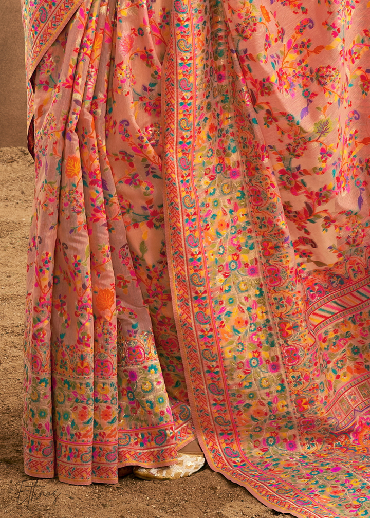 Blush Peach with Multicolour Kashmiri Floral Weave Saree