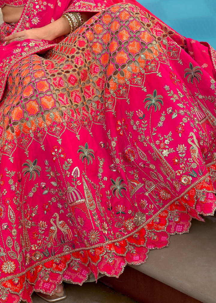 Hot Pink And Orange Silk Lehenga With Cut Work Border And Embroidery