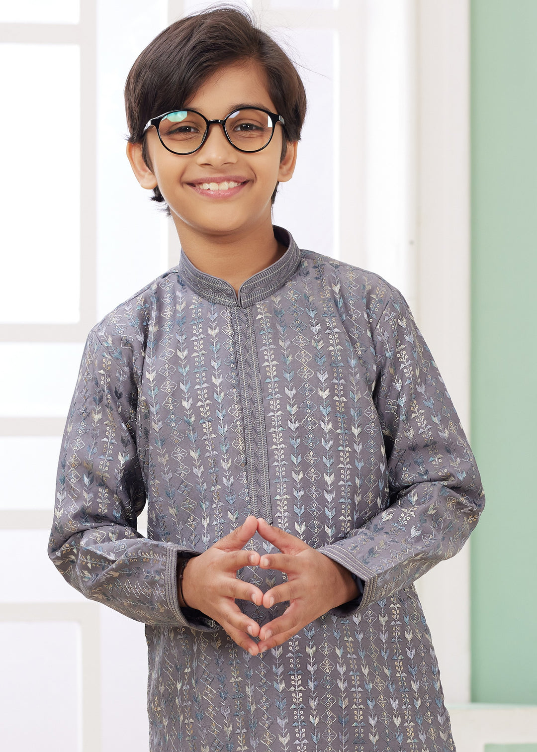 Flint Grey Silk Mens Kurta Set With Thread Embroidery Work