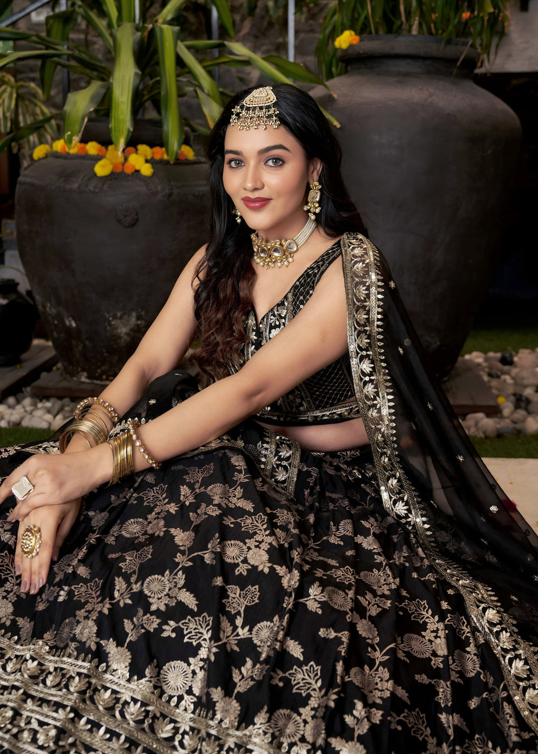 Black Sequins and Zari Embroidery Work Silk Lehenga
