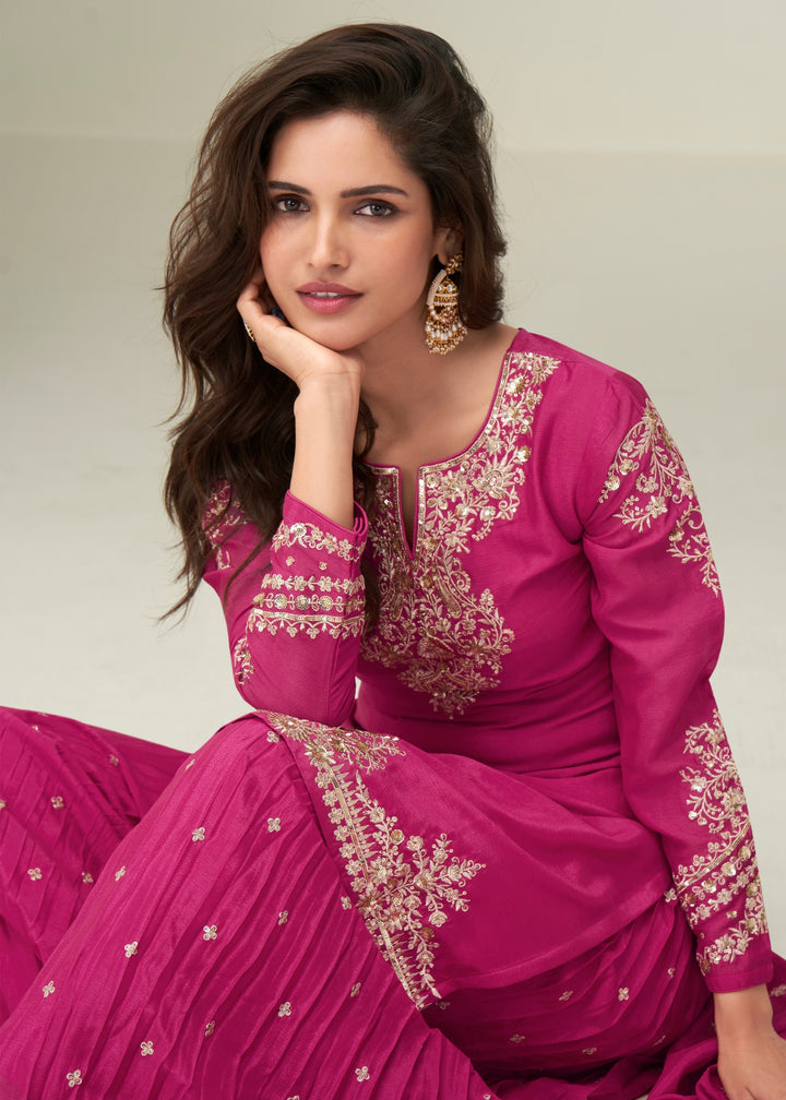 Bright Magenta/Pink With Golden Embroidery Chinnon Silk Salwar Suit