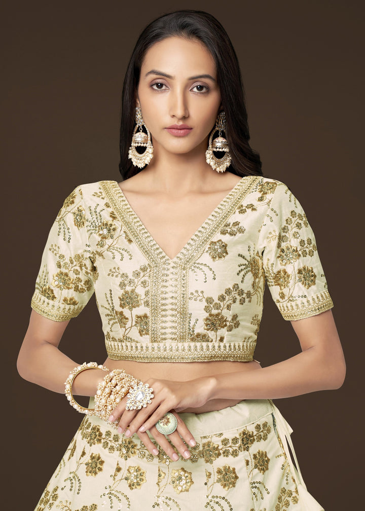 White Slub Silk Lehenga with Zari Sequins and Dori Embroidery Work