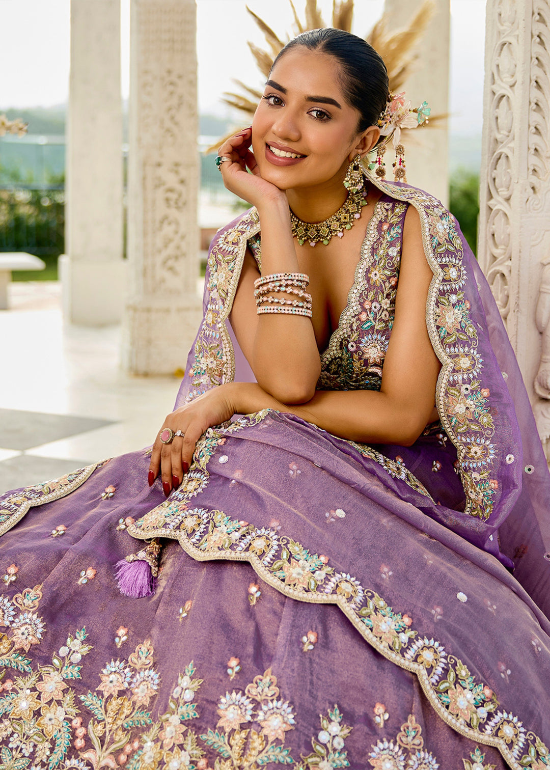 Purple Satin Silk Lehenga Choli with Sequinned Embroidered