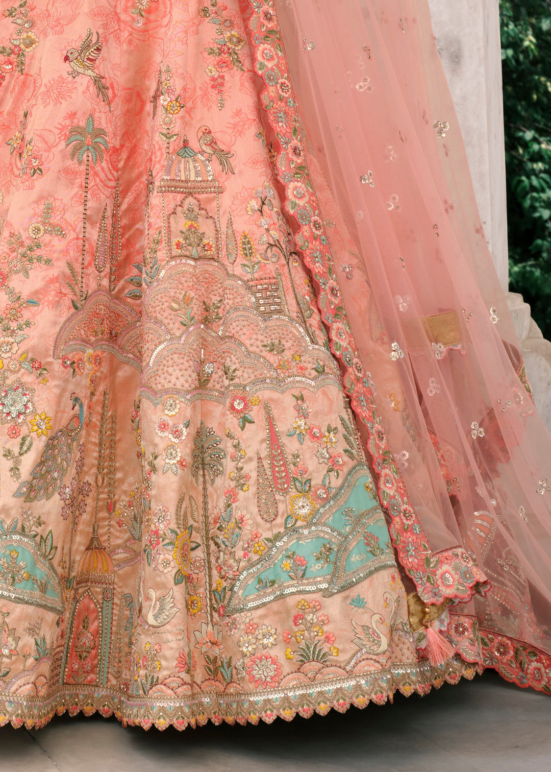 Peach Pink Fancy Silk Lehenga Choli With Cut Work Embroidery Border & Stone Work