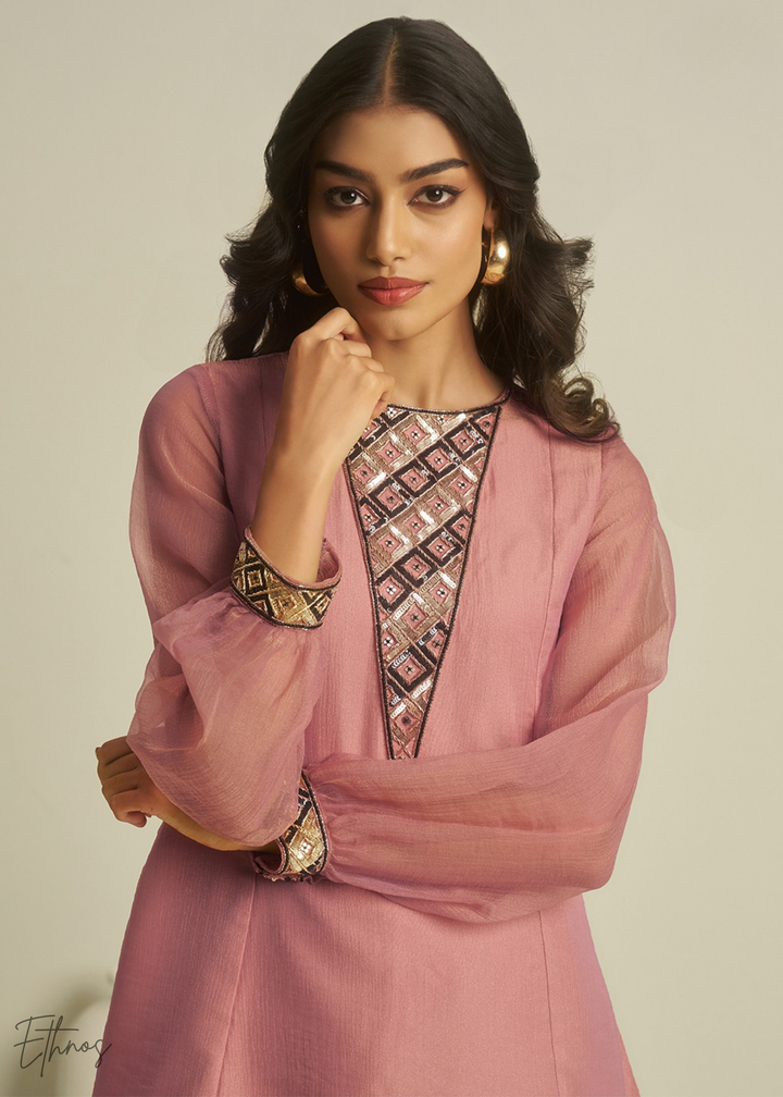 Peach Tissue Handwork Kurta With Pant