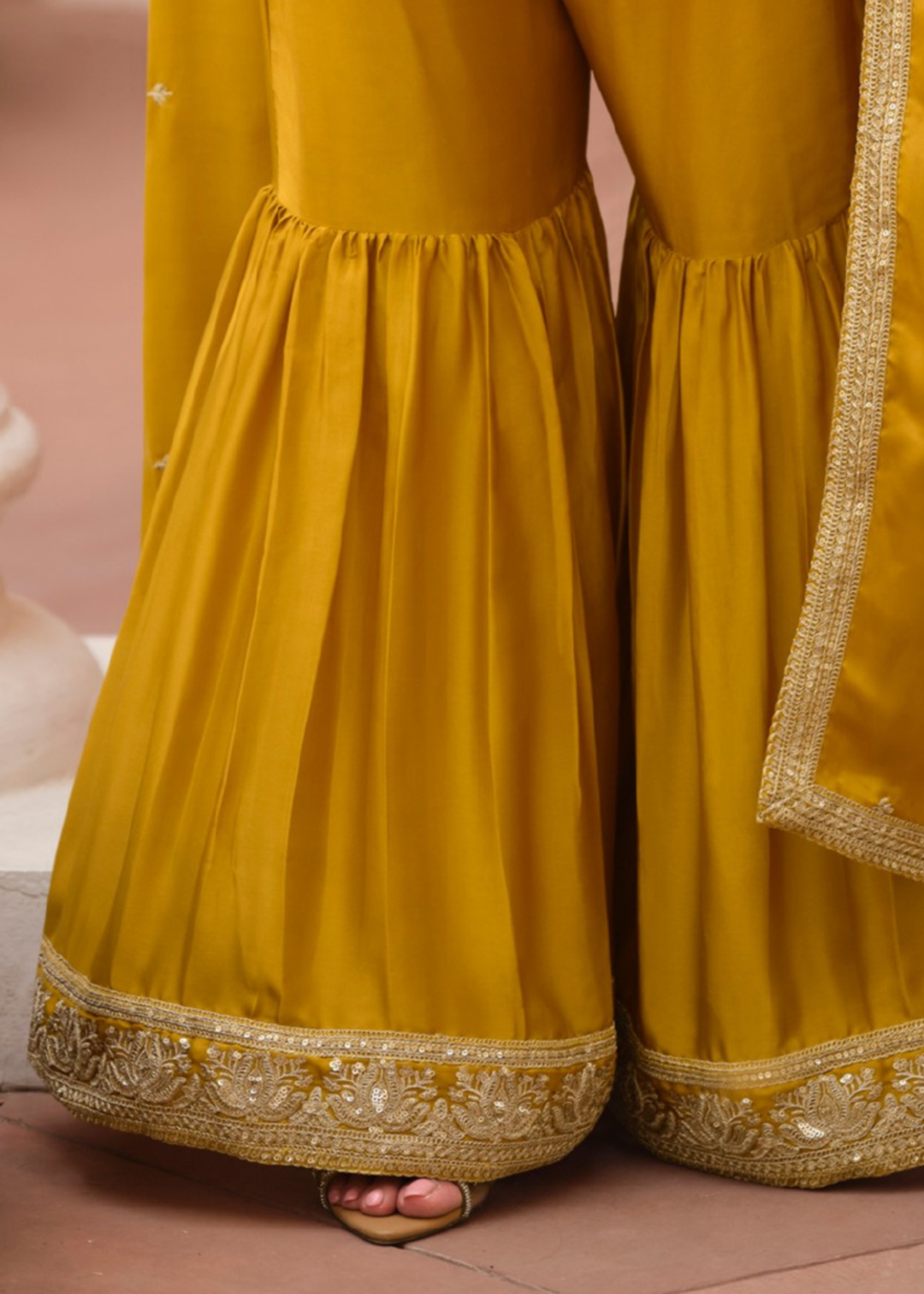 Olive Mustard Silk Satin Sharara Suit