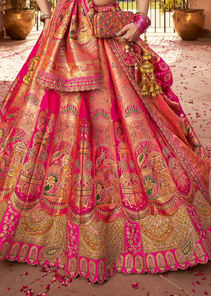 Deep Fuchsia Pink Banarasi Silk Lehenga With Golden Zari Work