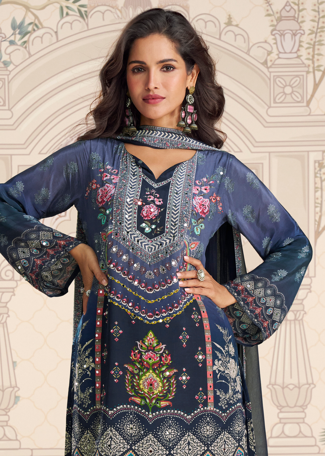 Deep Navy Blue Crep Silk Sharara Suit