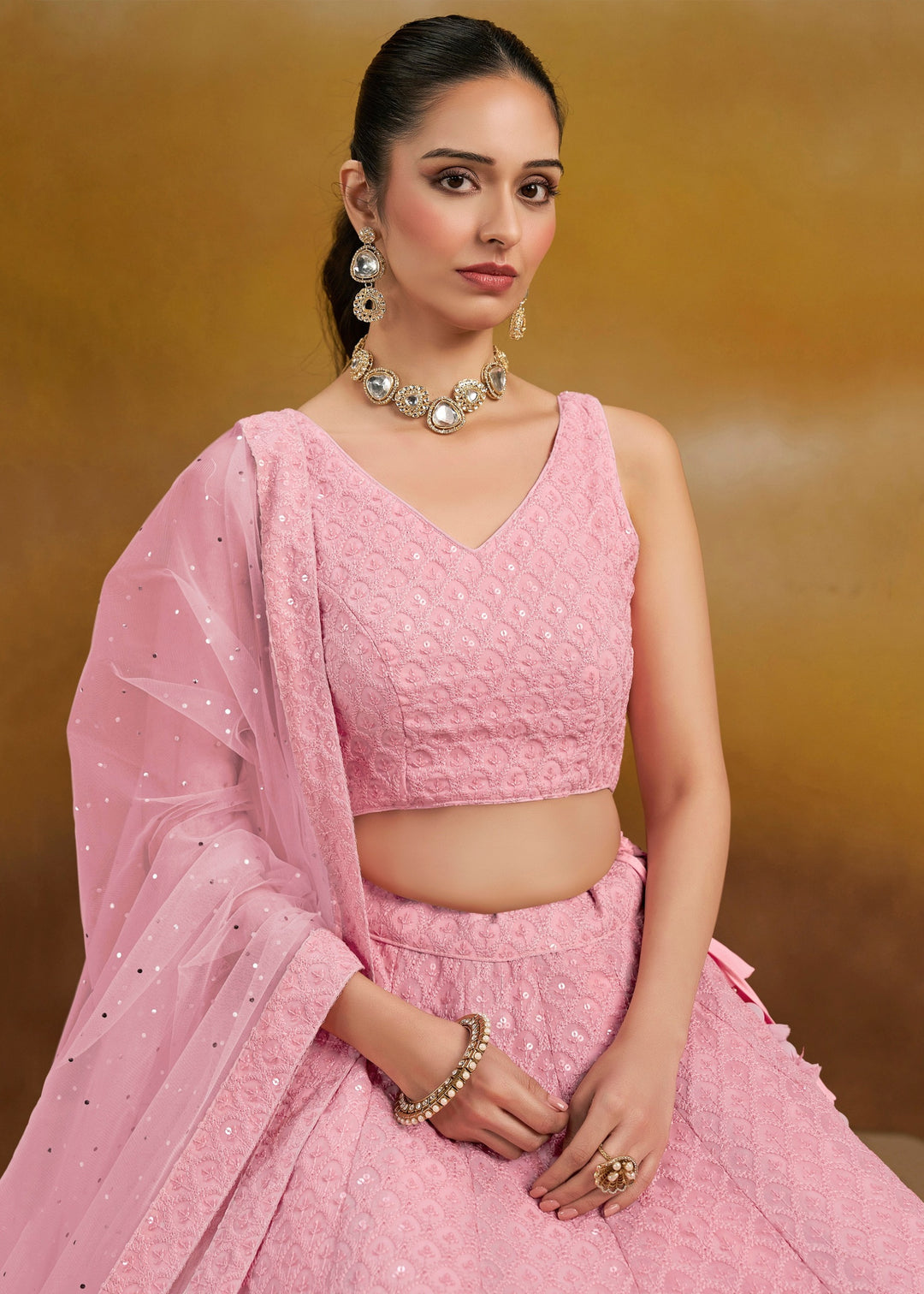 Light Pink Georgette Lehenga With Sequins and Thread Embroidered Work