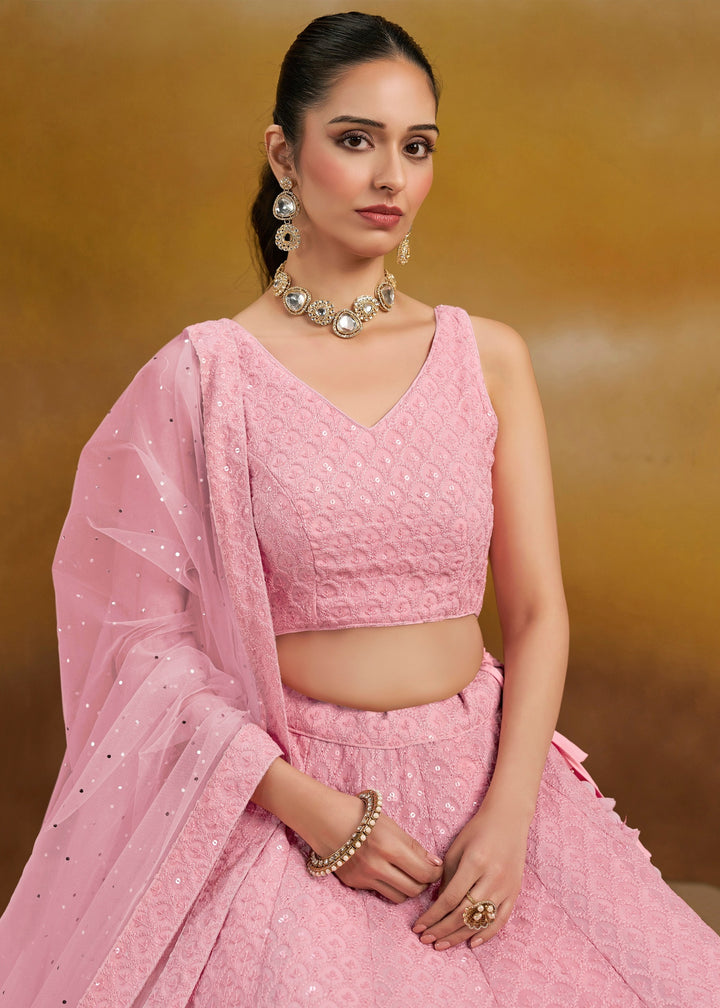 Light Pink Georgette Lehenga With Sequins and Thread Embroidered Work