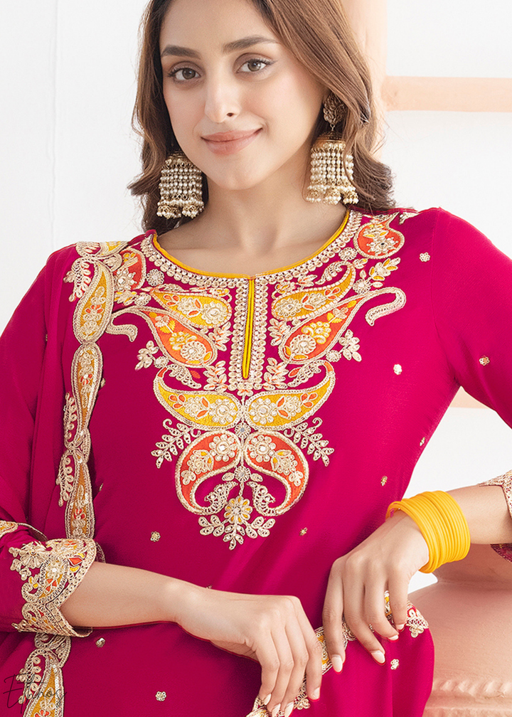 Hot Pink Appliqué Chinon Sharara Suit