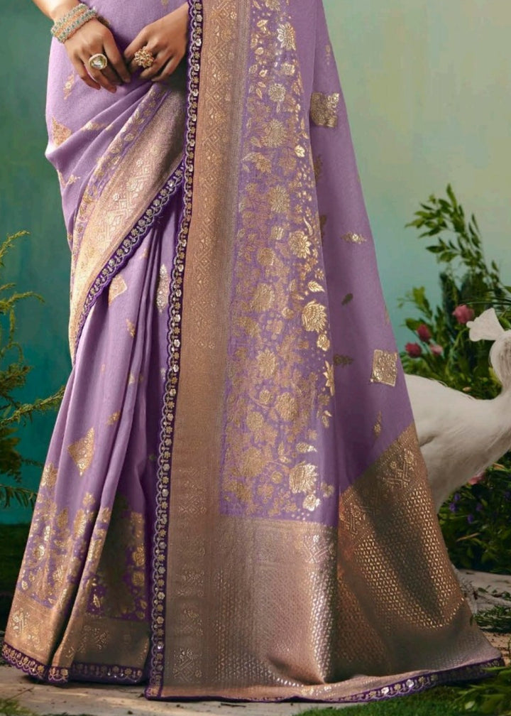 Lavender Pure Viscose Dola Silk Saree with Zari Weaving & Embroidered Blouse : Top Pick