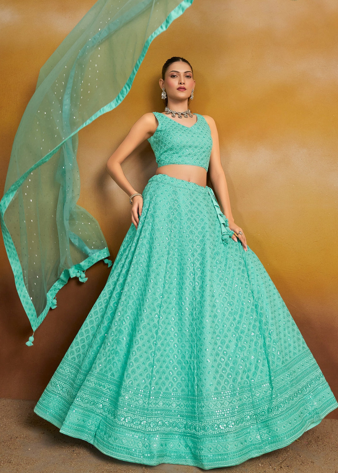 Sky Georgette Lehenga With Sequins and Thread Embroidered Work