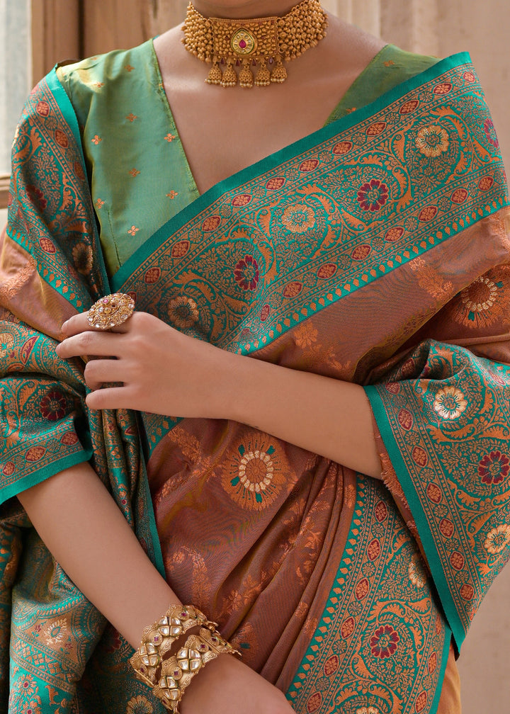Coffee Brown All Over Flower Printed Zari Woven Banarasi Silk Saree With Contrast Pallu