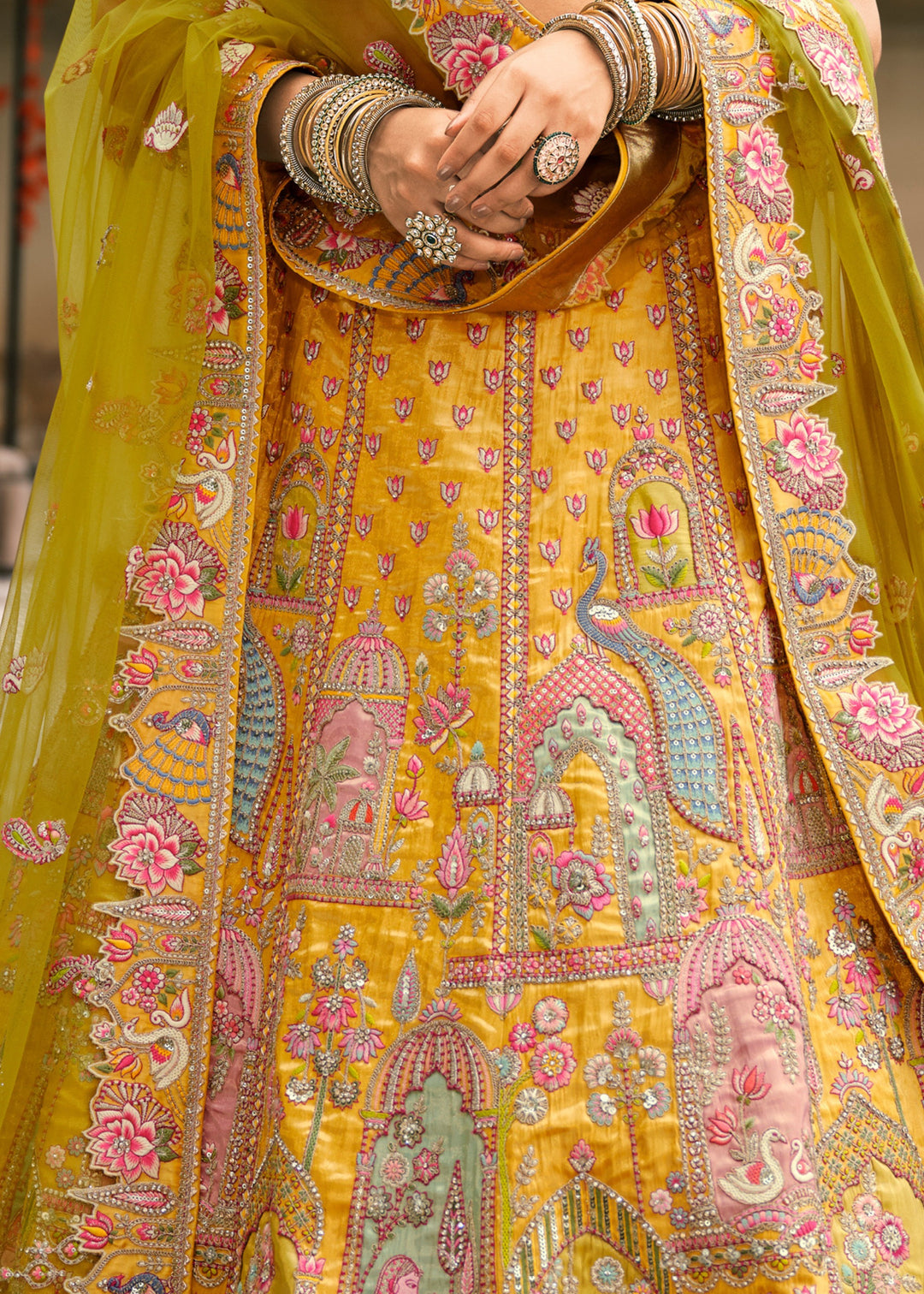 Yellow & Green Fancy Silk Lehenga Choli With Cut Work Embroidery Border & Stone Work