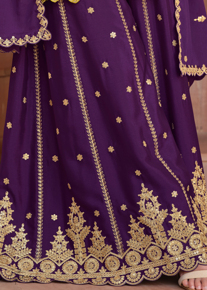 Mustard Yellow And Deep Purple Silk Salwar Suit
