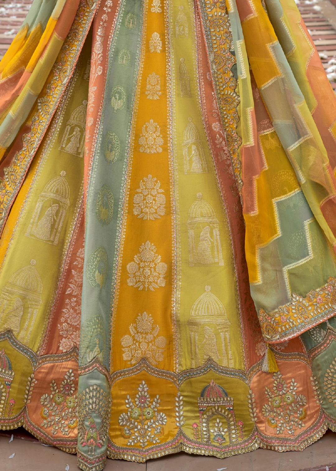 Sage Green And Mustard Silk Lehenga With Cut Work Border And Embroidery