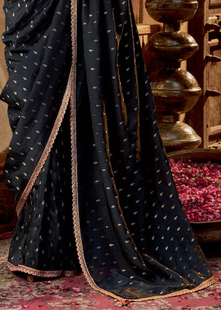 Black Pure Viscous Crepe based fabric with Hand dying & Butti weaving Saree