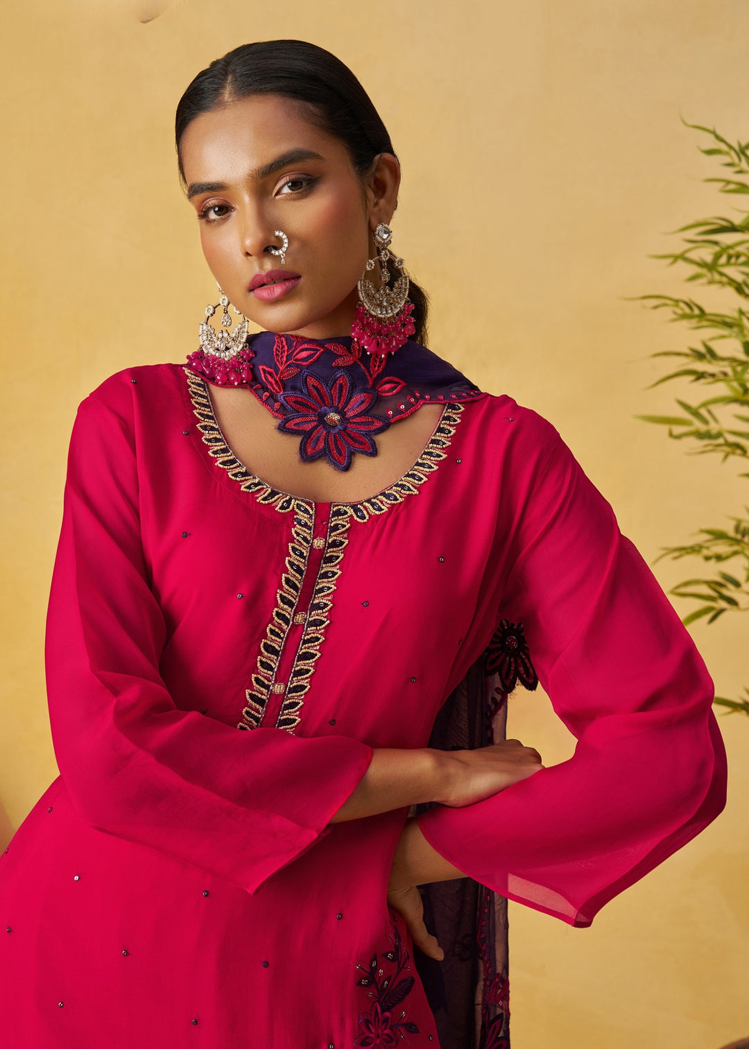 Bright Fuchsia Pink Salwar Suit with Deep Navy Dupatta