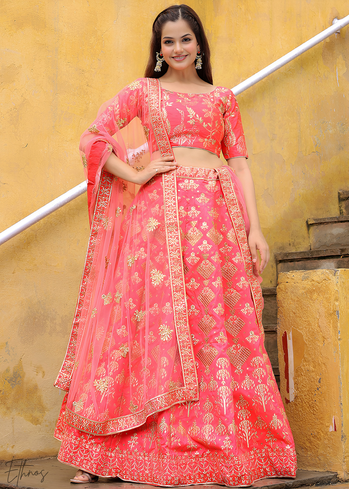 Peach Pink Slub Silk Lehenga With Dupatta