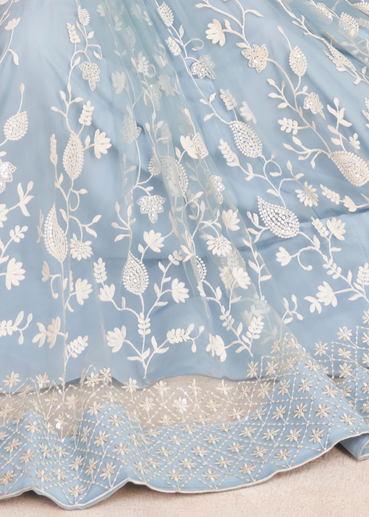 Sky Blue Designer Soft Net Lehenga With Cotton Thread And Sequins Embroidery Work