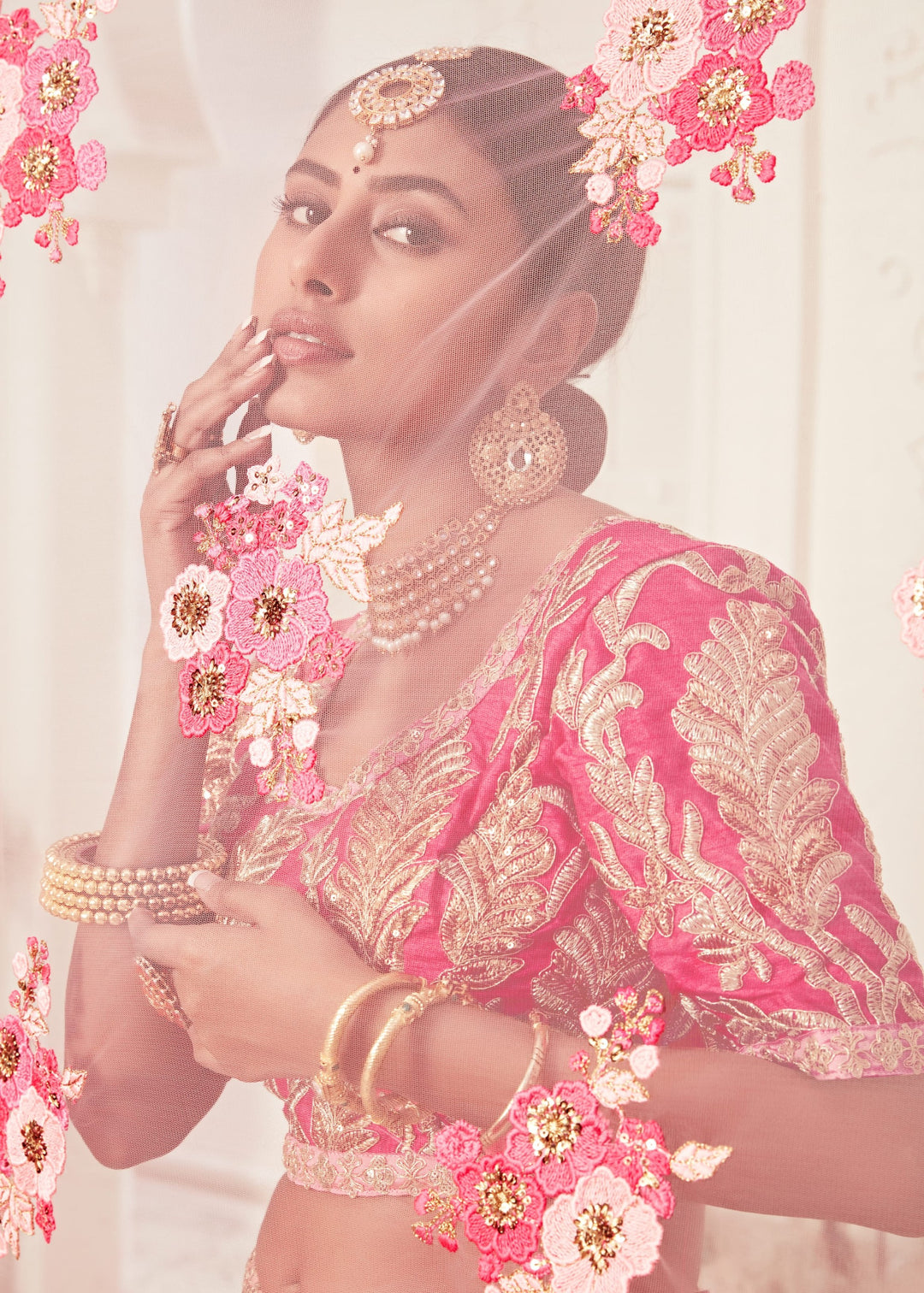 Pink Soft Net Lehenga With Zari, Dori, Thread And Sequins Floral Embroidery