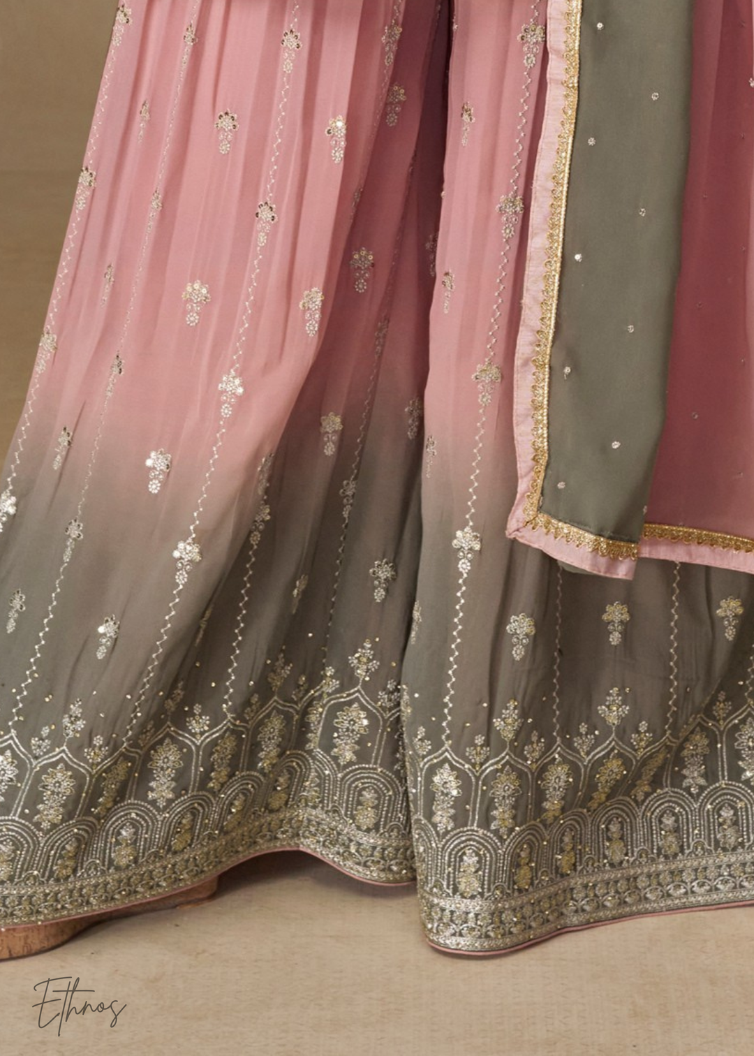 Blush Pink And Olive Grey Georgette Salwar Suit