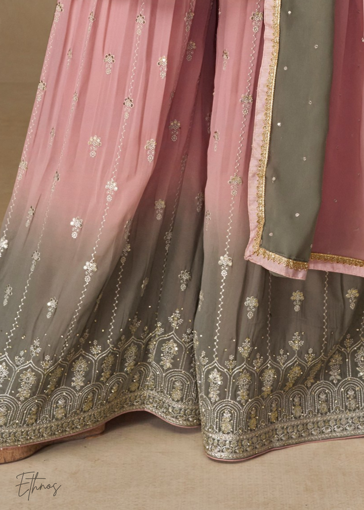 Blush Pink And Olive Grey Georgette Salwar Suit